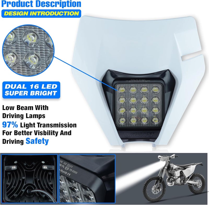 MCHMFG Dirt Bike Headlight,LED Enduro Pit Bike Light Kit Universal For Most Dirt Pit Bike Motorcycle EXC SXF White - Image 3